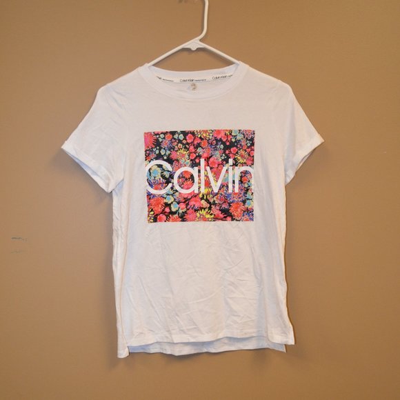 Calvin Klein Printed-Logo Floral T-Shirt White XS - Picture 1 of 4